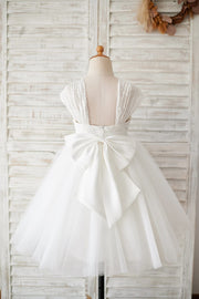 Cap Sleeves Ivory Lace Tulle Wedding Flower Girl Dress with