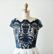 Cap Sleeves Navy Blue Lace chiffon Wedding Bridesmaid Dress