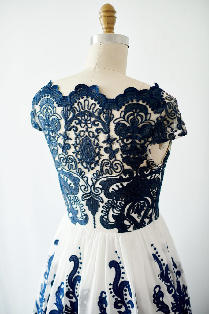 Cap Sleeves Navy Blue Lace chiffon Wedding Bridesmaid Dress