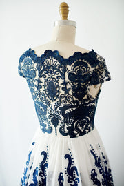 Cap Sleeves Navy Blue Lace chiffon Wedding Bridesmaid Dress