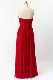 Cascade Skirt Red Chiffon Long Strapless Bridesmaid Dress -