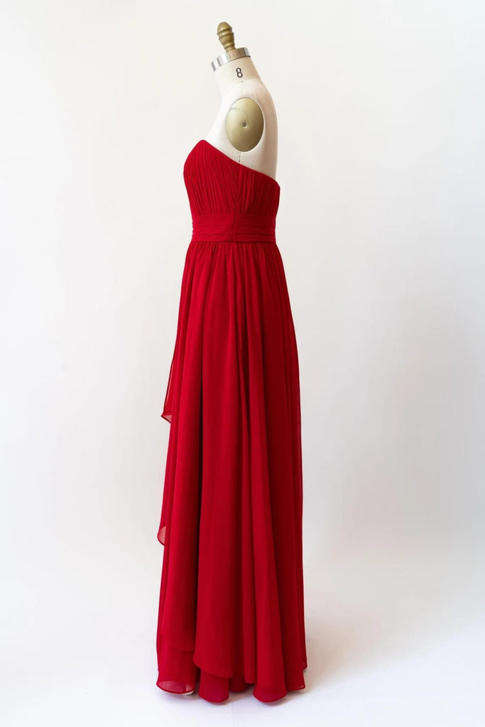 Cascade Skirt Red Chiffon Long Strapless Bridesmaid Dress -