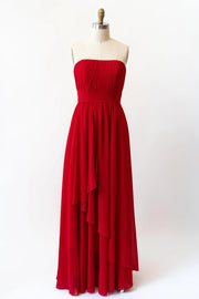 Cascade Skirt Red Chiffon Long Strapless Bridesmaid Dress -