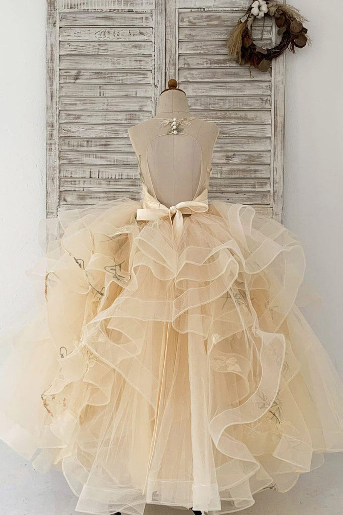 Champagne Embroidery Lace Tulle Keyhole Back Wedding Flower