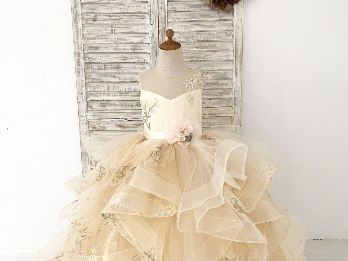beige flower girl dress Champagne Embroidery Lace Tulle Keyhole Wedding Flower Girl Dress 9T