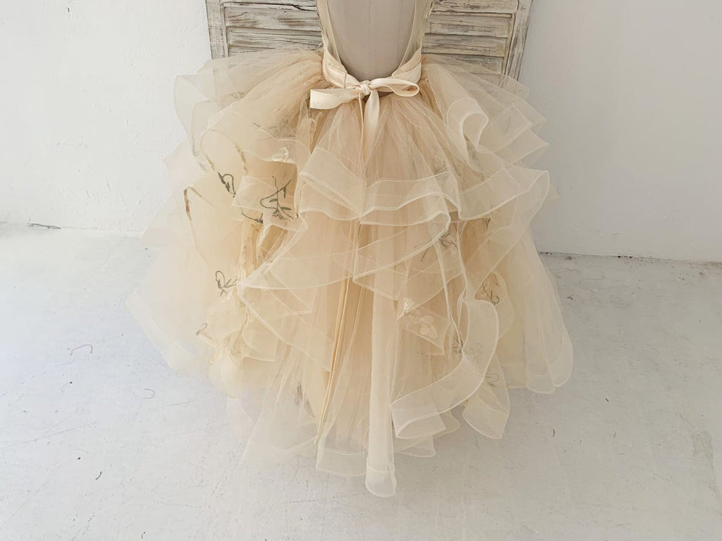 Champagne Embroidery Lace Tulle Keyhole Back Wedding Flower