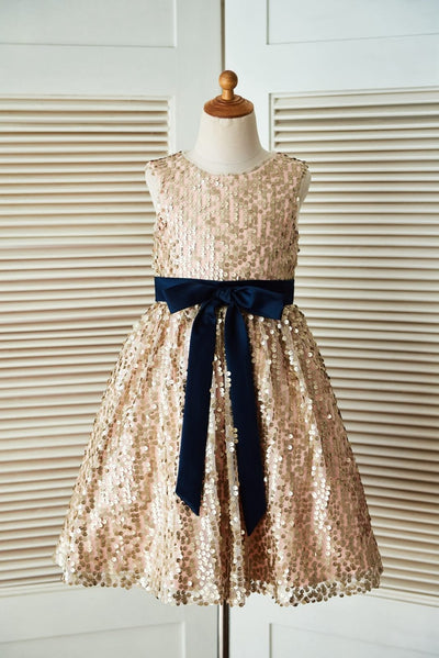 Champagne Gold Sequin Wedding Flower Girl Dress with Navy