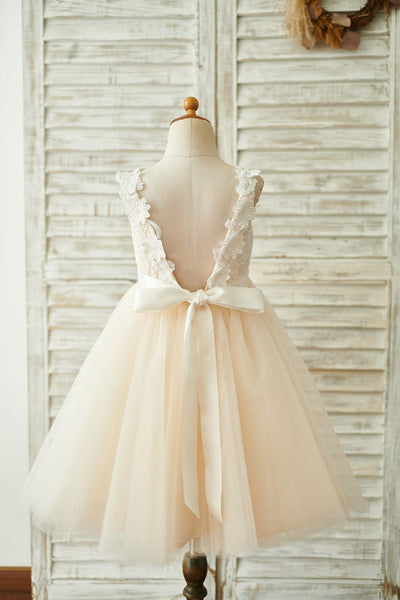 Champagne Lace Tulle Deep V Back Wedding Party Flower Girl