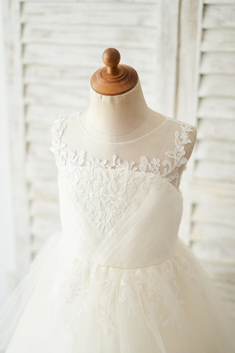Miama Ivory Lace Flower Girl Dress – Keyhole Back, Champagne Belt – Knee Length For Weddings & Parties - View #2