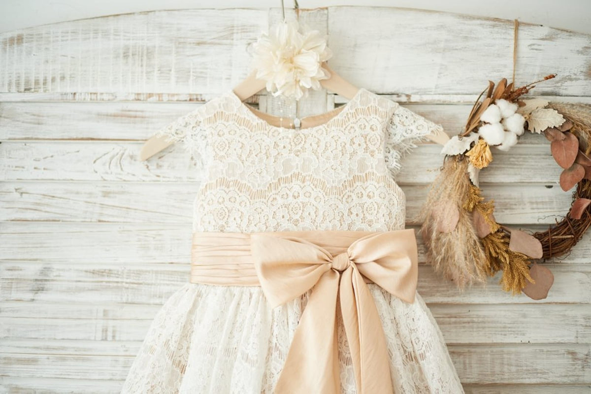 Champagne Satin Ivory Lace Sheer Back Wedding Flower Girl Dress main image 1