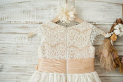 Champagne Satin Ivory Lace Cap Sleeves Wedding Flower Girl 