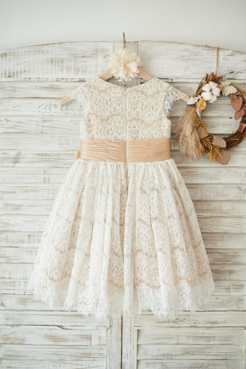 Champagne Satin Ivory Lace Sheer Back Wedding Flower Girl Dress