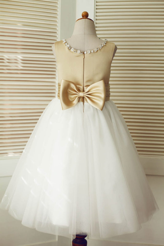 Champagne Satin Ivory Tulle Wedding Flower Girl Dress with