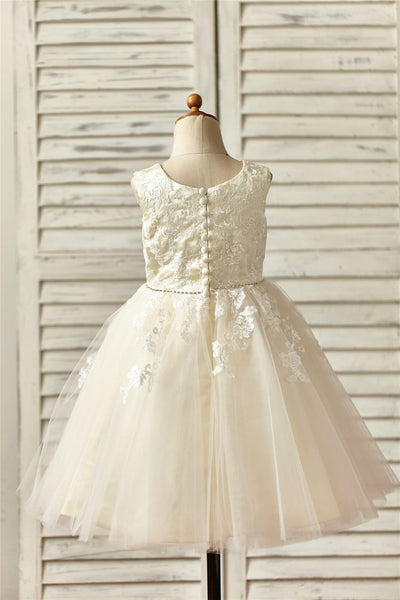 Champagne Satin Tulle Flower Girl Dress with Beaded Sash