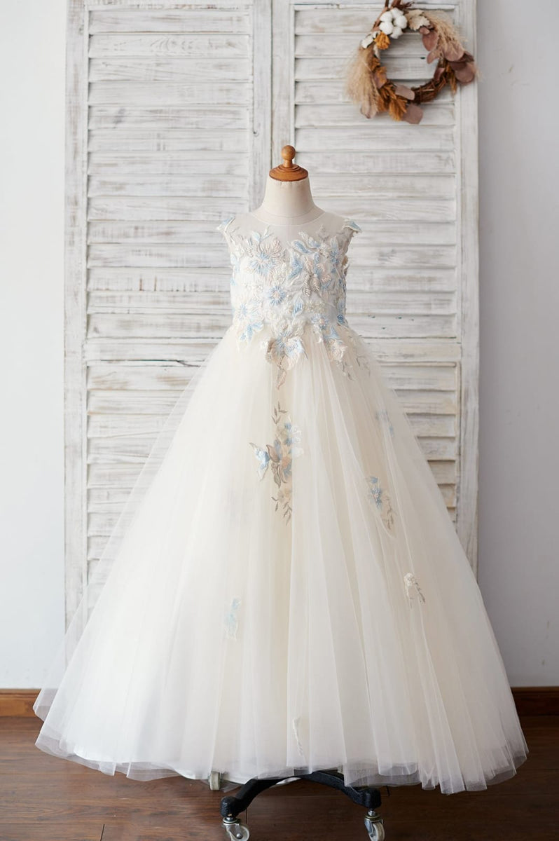 Satin Tulle Beaded Lace Cap Sleeves Sheer Back Wedding Flower Girl Dress