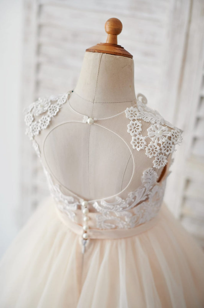 Champagne Tulle Ivory Lace Keyhole Back Wedding Flower Girl