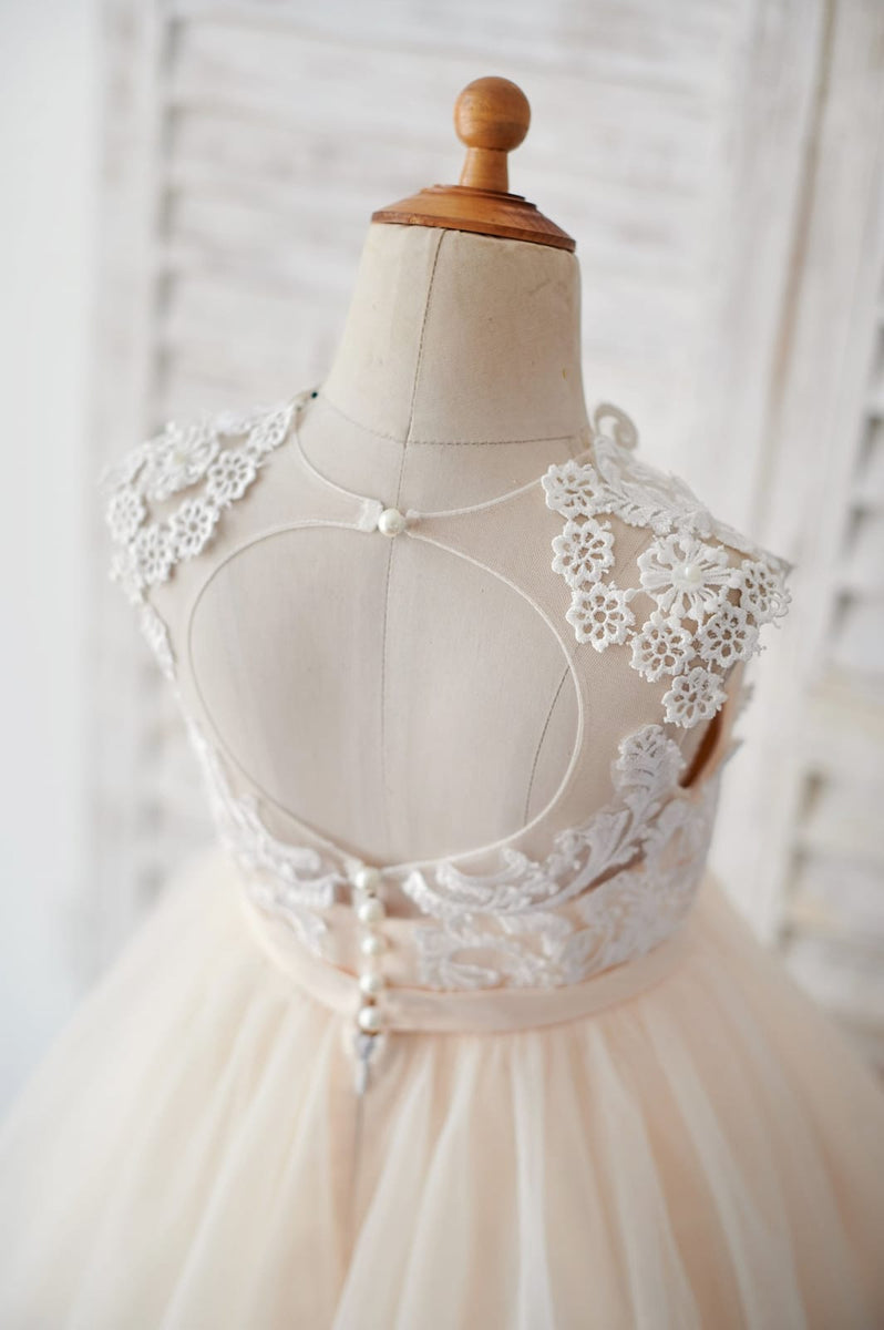 Champagne Tulle Ivory Lace Keyhole Back Wedding Flower Girl Dress