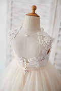 Champagne Tulle Ivory Lace Keyhole Back Wedding Flower Girl Dress