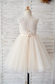 Champagne Tulle Ivory Lace Keyhole Back Wedding Flower Girl