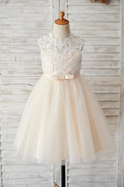Champagne Tulle Ivory Lace Keyhole Back Wedding Flower Girl