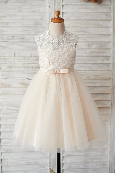 Champagne Tulle Ivory Lace Keyhole Back Wedding Flower Girl