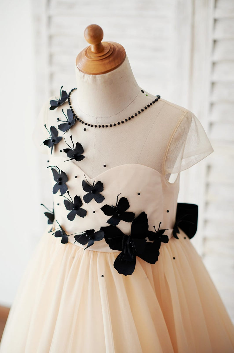 Champagne Tulle Cap Sleeves Black Butterflies Flower Girl Dress 10T
