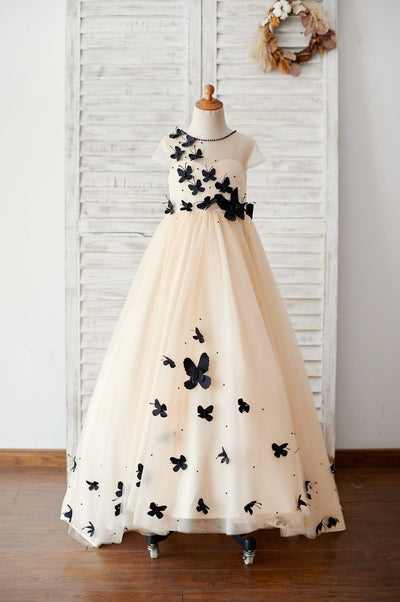 Champagne Tulle Cap Sleeves Wedding Flower Girl Dress with