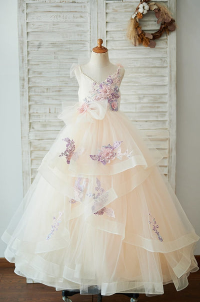 Champagne Tulle Spaghetti Straps Pearls Wedding Flower Girl