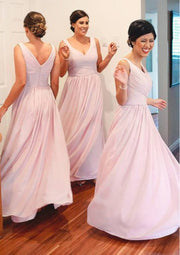 Chiffon Floor Length A-line Sleeveless V Neck Wedding Party