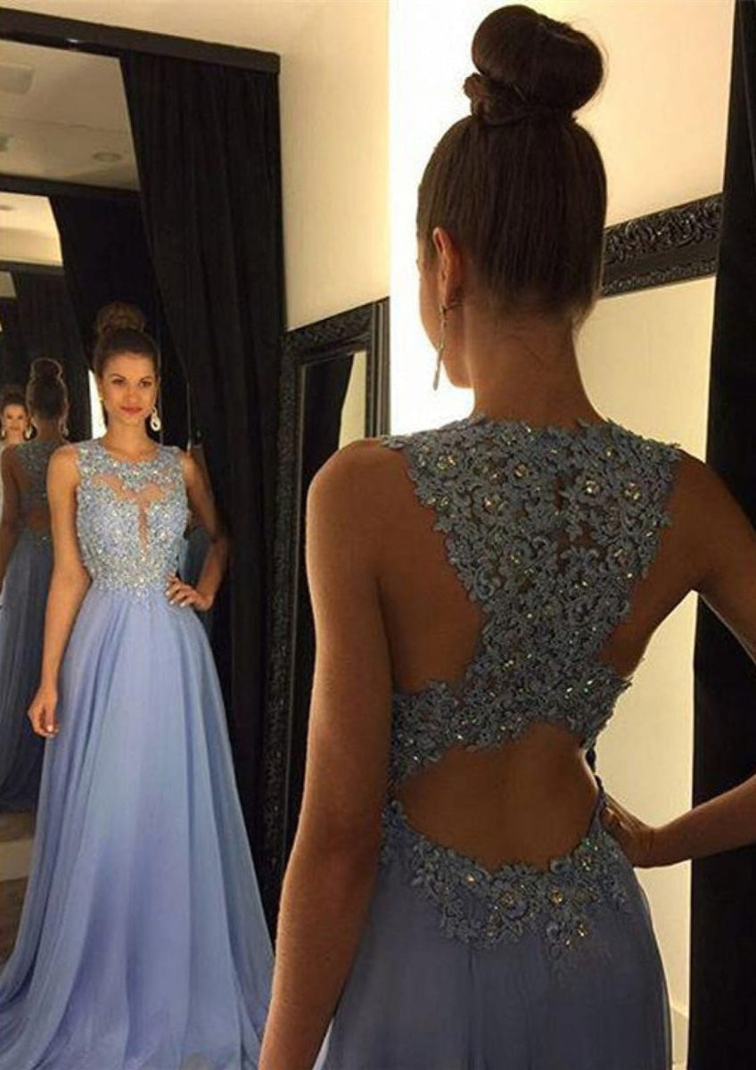 Chiffon A-Line Key-hole Back Scoop Neck Sweep Prom Dress, Lace Beaded - Princessly Chiffon A-Line Key-hole Back Scoop Neck Sweep Prom Dress, Lace Beaded - Princessly