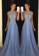 Chiffon A-Line Key-hole Back Scoop Neck Sweep Prom Dress, Lace Beaded