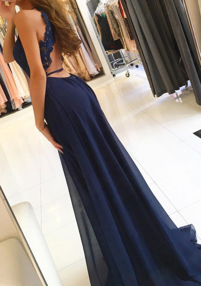 A Line Deep V Neck Sweep Train Orange Chiffon Prom Dress with Slit LBQ3335