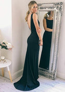 Column Bateau Sleeveless V Retour Robe de bal vert Elastic Satin