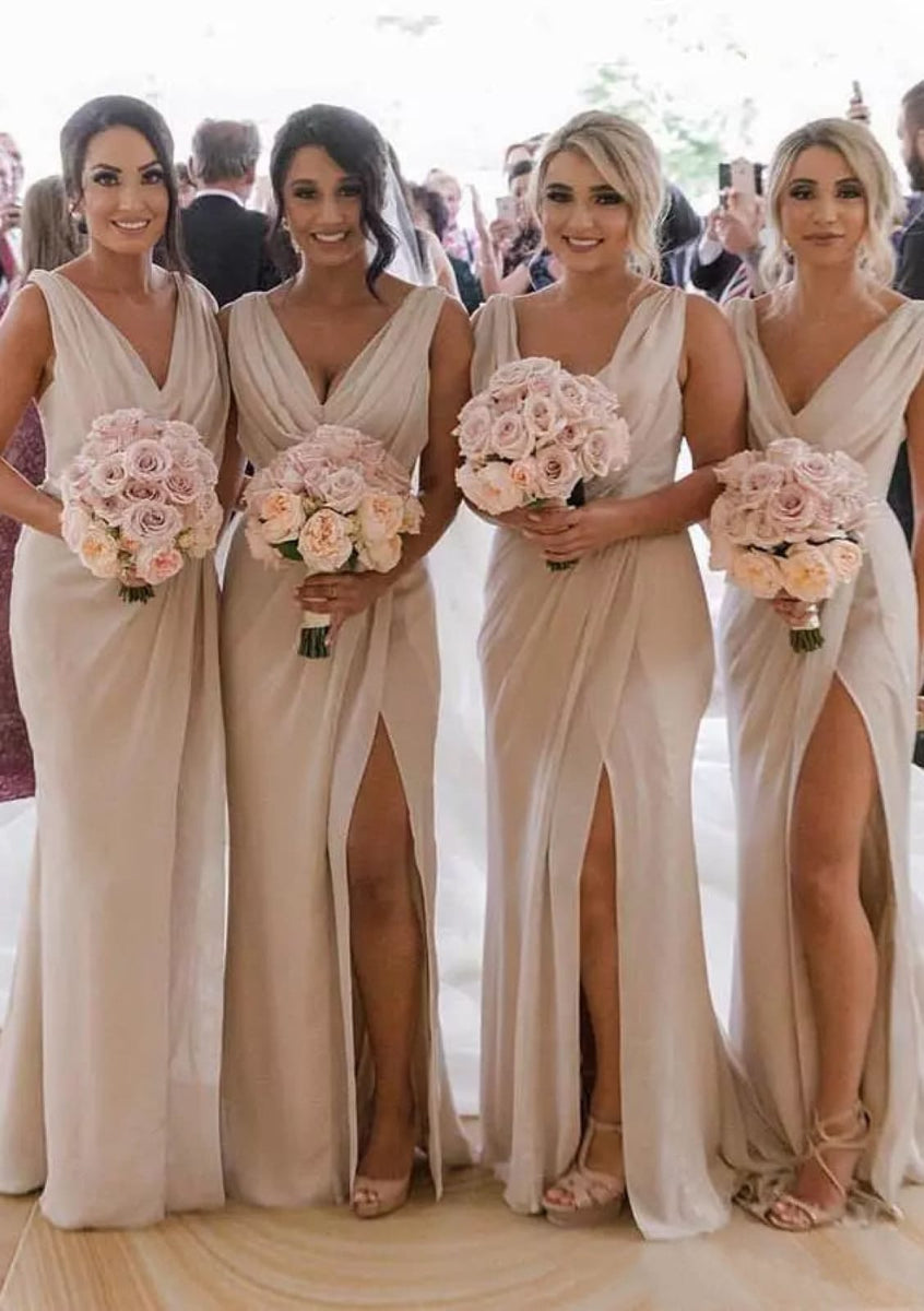 chiffon bridesmaid dress with cascading skirt This chiffon bridesmaid dress has a soft cowl neckline and flutter sleeves that gently highlight the shoulders. The hi-low skirt features an asymmetric cascading ruffle, adding a romantic and flowing silhouette that's
