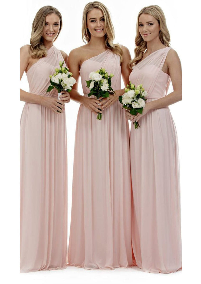 A-Line/Princess One-Shoulder Sleeveless Floor-Length Chiffon Bridesmaid Dresses with Watteau Train