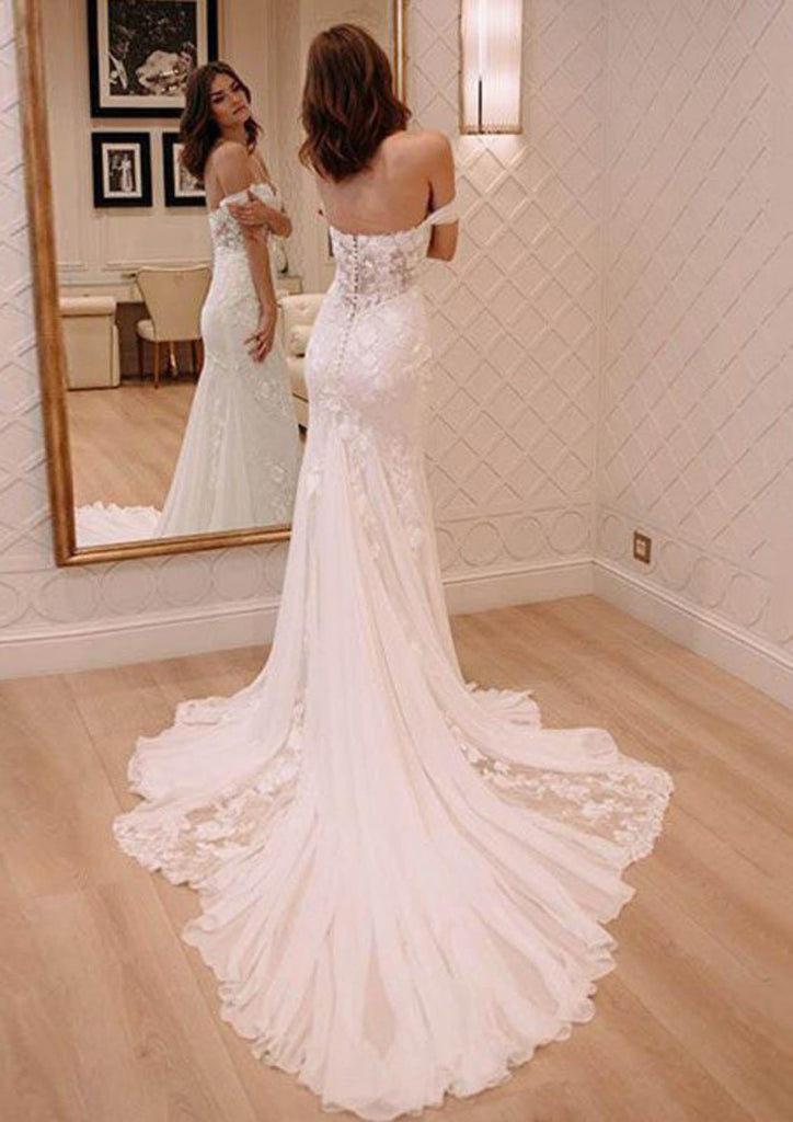 Column Off Shoulder Backless Fishtail Chapel Lace Chiffon