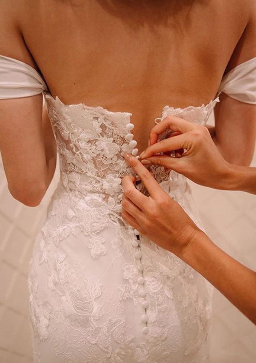 fishtail off the shoulder wedding dress Column Off Shoulder Backless Fishtail Chapel Lace Chiffon Wedding Dress