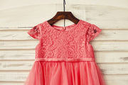 Coral Lace Tulle Cap Sleeve Flower Girl Dress