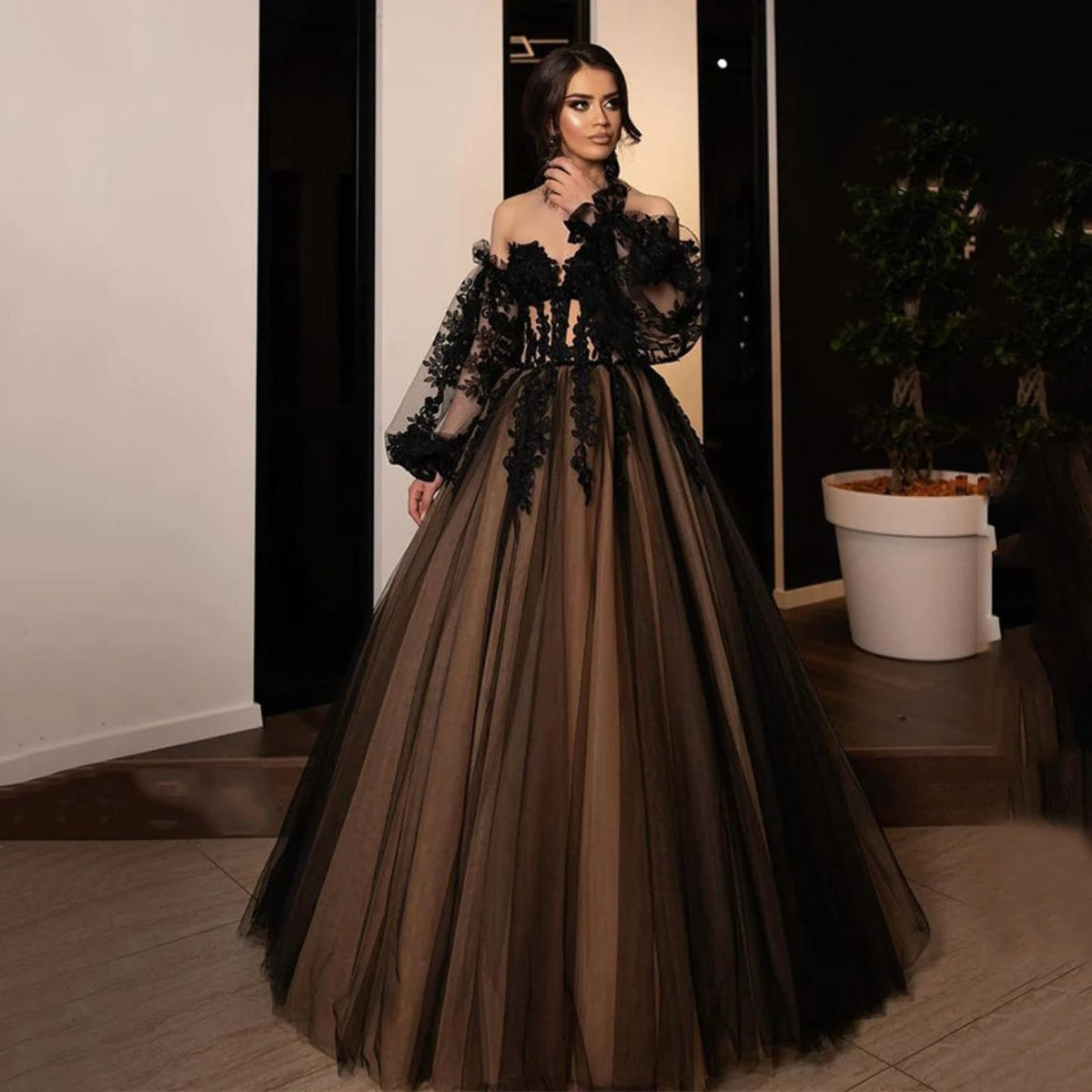 corset wedding dresses black Corset Off Shoulder Lace Puffy Sleeve Tulle Black Wedding Dress