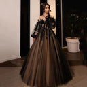 Corset Off Shoulder Lace Puffy Sleeve Tulle Black Wedding Dress