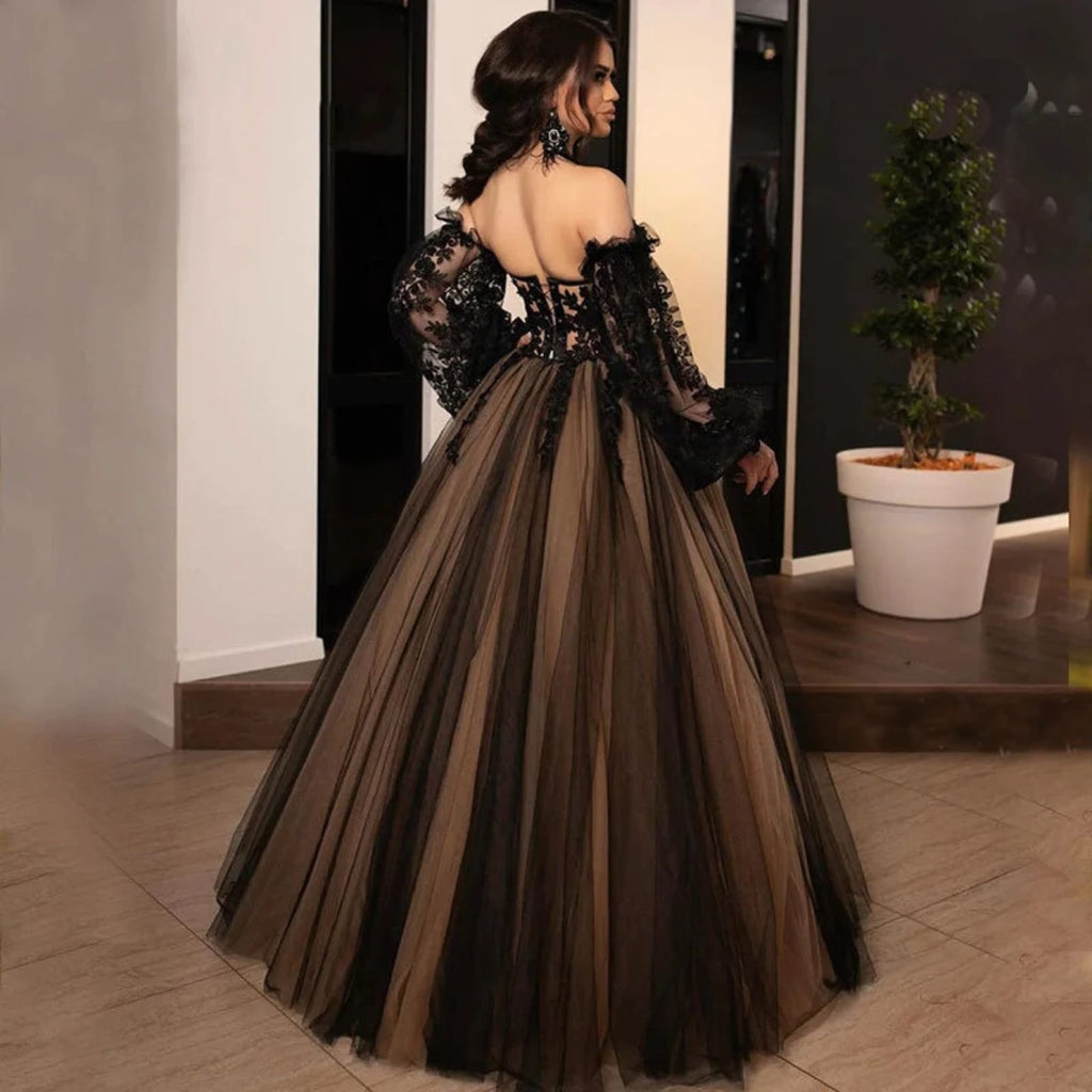 Corset Off Shoulder Puffy Sleeves Tulle Black Wedding Dress