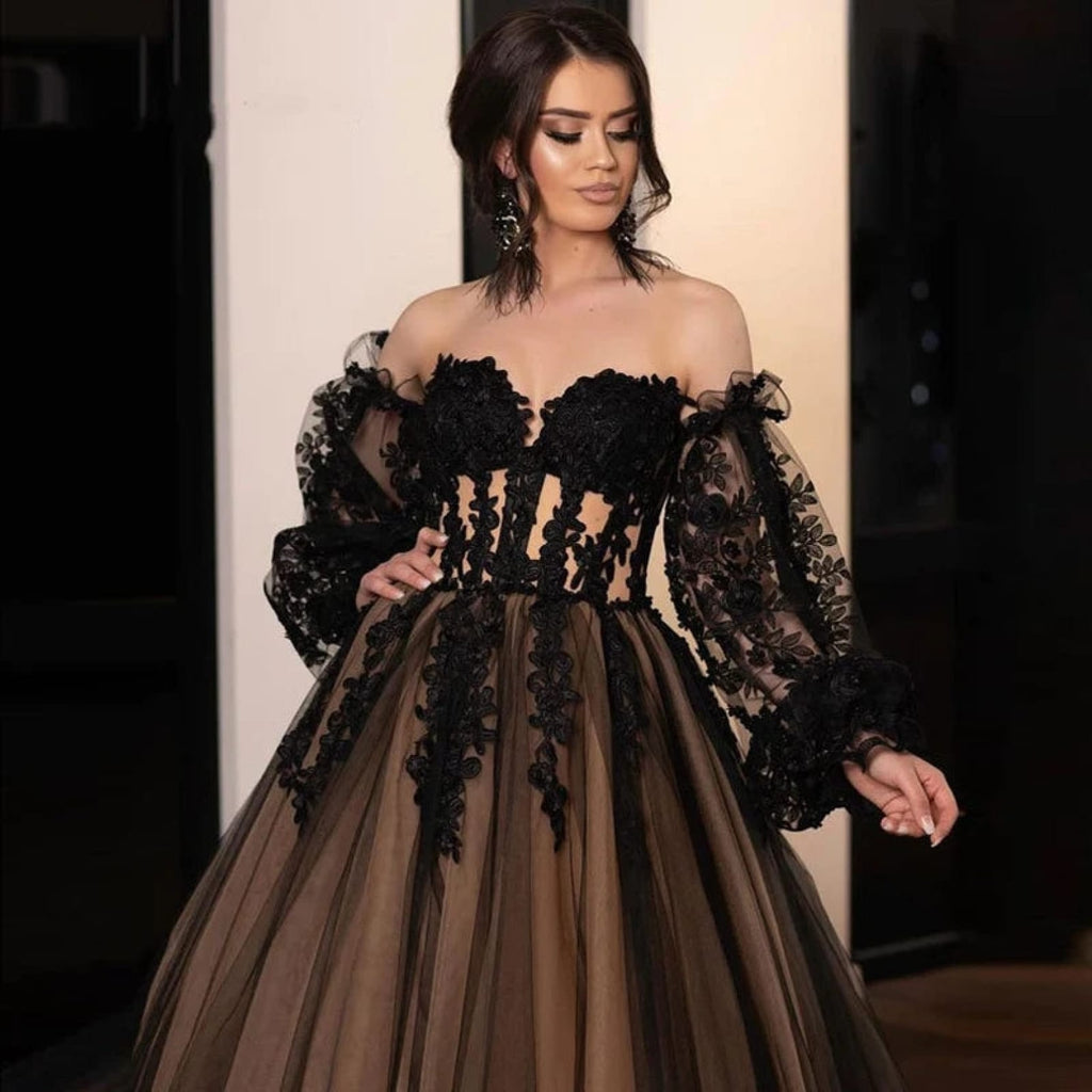 Corset Off Shoulder Puffy Sleeves Tulle Black Wedding Dress