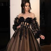 Corset Off Shoulder Puffy Sleeves Tulle Black Wedding Dress