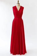 Crinkle V Neck Sleeveless Pleated Red Chiffon Long Bridesmaid Dress