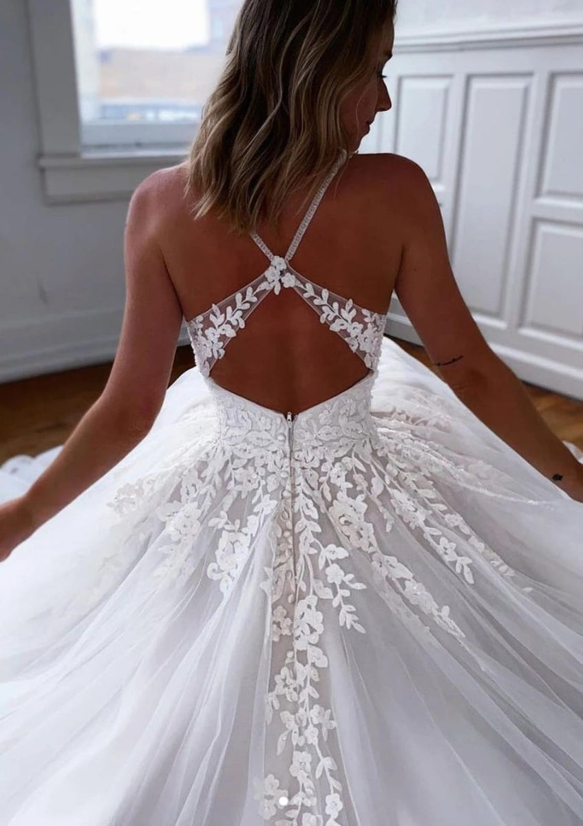 Criss-cross Back Sweetheart Straps Tulle Court Wedding Dress, Lace Criss-cross Back Sweetheart Straps Tulle Court Wedding Dress, Lace