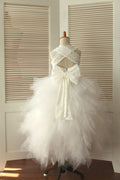 Cross Back Ivory Lace Ruffle Tulle Skirt Flower Girl Dress, big bow