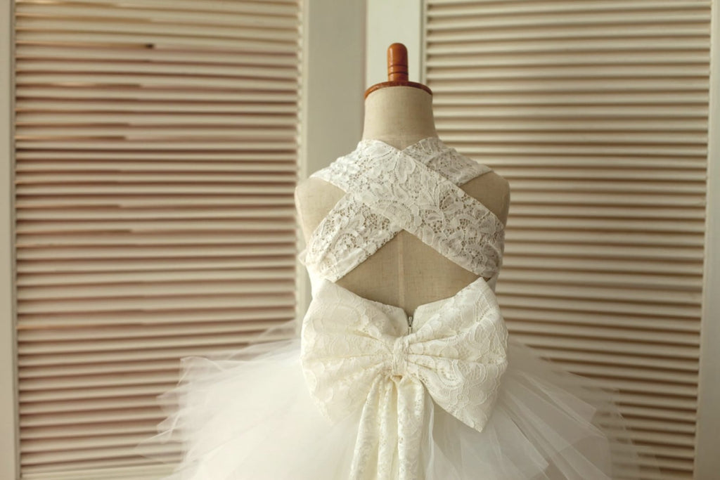 Princess Cross Back Ivory Lace Ruffle Tulle Skirt Flower