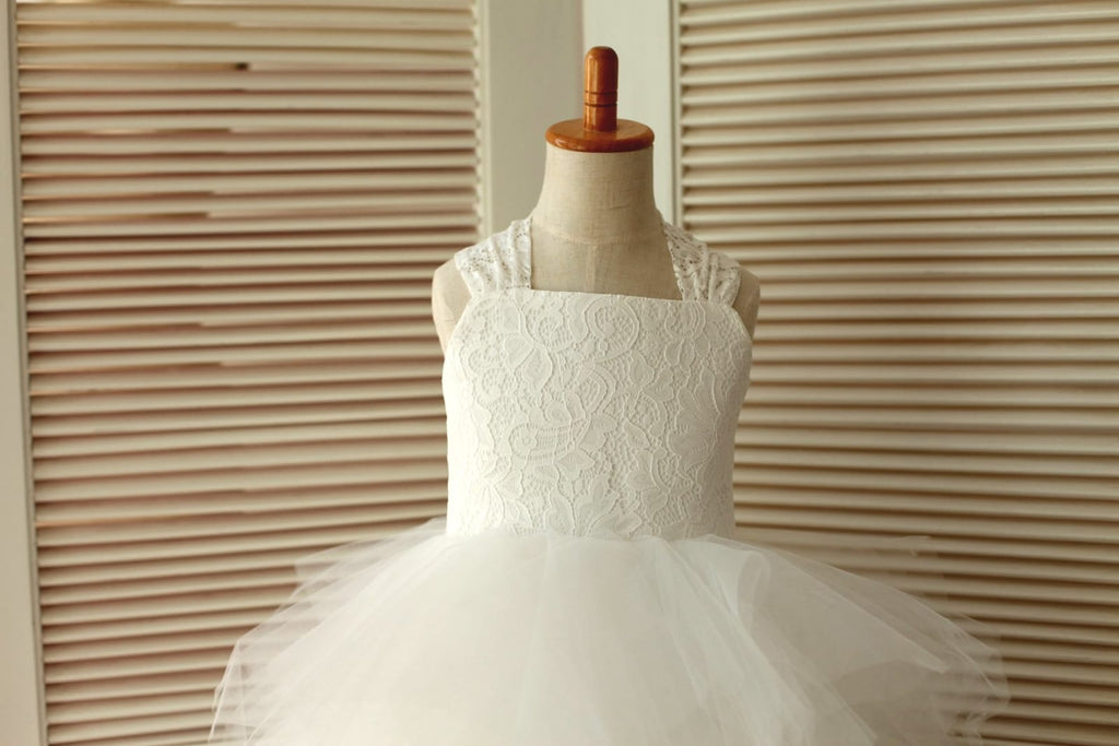 Princess Cross Back Ivory Lace Ruffle Tulle Skirt Flower