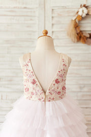 Blush Pink Tulle Embroidery Lace V Back Wedding Flower Girl