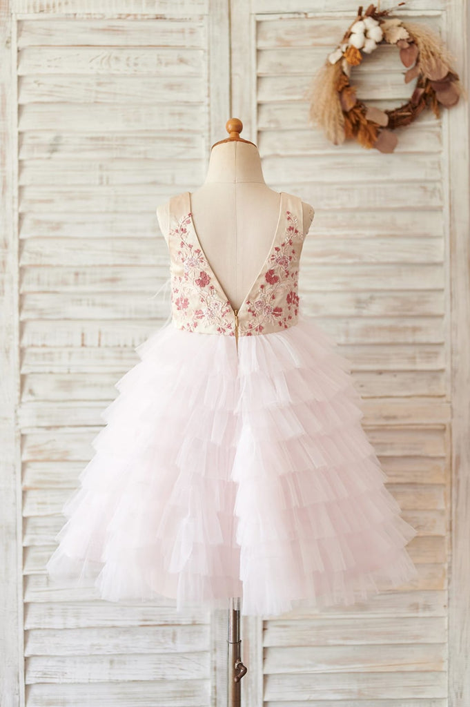 Blush Pink Tulle Embroidery Lace V Back Wedding Flower Girl